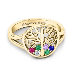 Always Around Love 6 Stone Family Tree Ring in 10K Solid Yellow Gold with Emerald, Ruby, Cubic Zirconia, Amethyst, and Blue Sapphire