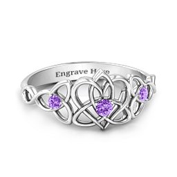 Triple Trinity Celtic Heart Ring in 925 Sterling Silver with Amethyst