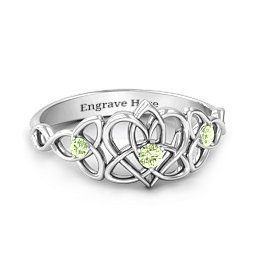 Triple Trinity Celtic Heart Ring in 925 Sterling Silver with Peridot