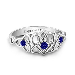 Triple Trinity Celtic Heart Ring in 925 Sterling Silver with Blue Sapphire