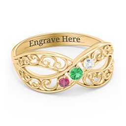 3 Stone Filigree Infinity Ring in 10K Solid Yellow Gold with Emerald, Ruby, and Cubic Zirconia