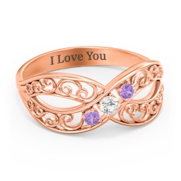 3 Stone Filigree Infinity Ring in 10K Solid Rose Gold with Cubic Zirconia and Amethyst