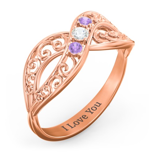 3 Stone Filigree Infinity Ring – 10K Rose Gold with Cubic Zirconia and Amethyst