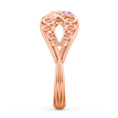 3 Stone Filigree Infinity Ring – 10K Rose Gold with Cubic Zirconia and Amethyst