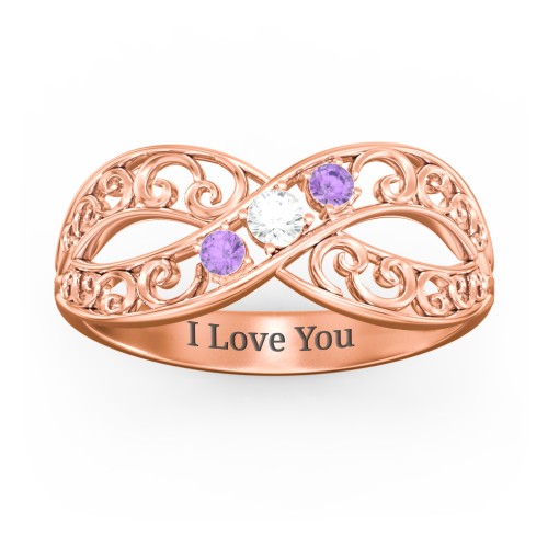 3 Stone Filigree Infinity Ring – 10K Rose Gold with Cubic Zirconia and Amethyst