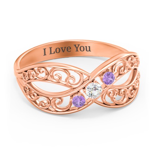 3 Stone Filigree Infinity Ring – 10K Rose Gold with Cubic Zirconia and Amethyst