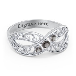 3 Stone Filigree Infinity Ring in 925 Sterling Silver with Smokey Quartz