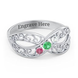 3 Stone Filigree Infinity Ring in 925 Sterling Silver with Emerald, Ruby, and Cubic Zirconia