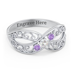 3 Stone Filigree Infinity Ring in 925 Sterling Silver with Cubic Zirconia and Amethyst