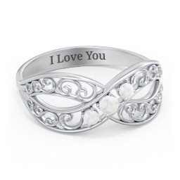 3 Stone Filigree Infinity Ring in 925 Sterling Silver with Opal