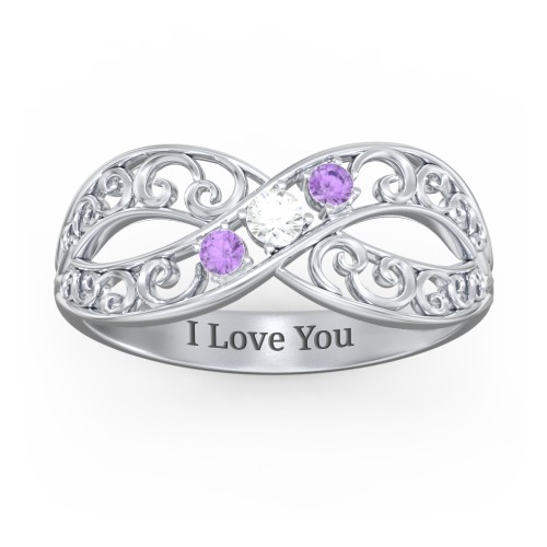 3 Stone Filigree Infinity Ring – Sterling Silver with Cubic Zirconia and Amethyst