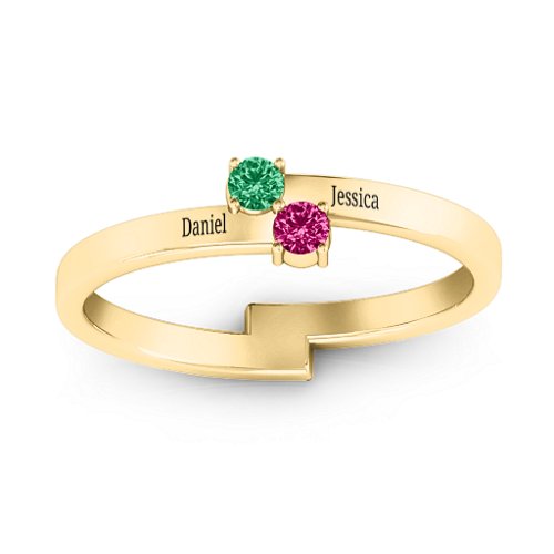 Diagonal Dazzle Ring With 2-3 Gemstones – 10K Yellow Gold with Emerald and Ruby