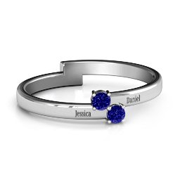 Diagonal Dazzle Ring With 2-3 Gemstones in 925 Sterling Silver with Blue Sapphire and Cubic Zirconia