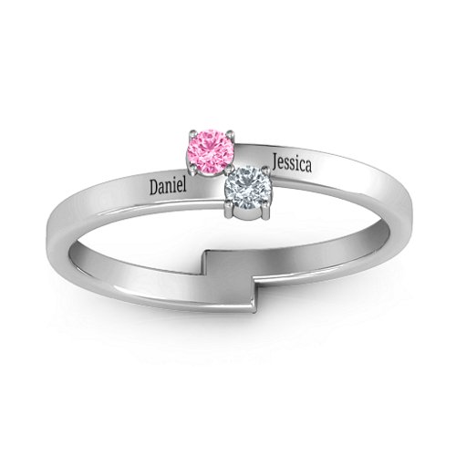 Diagonal Dazzle Ring With 2-3 Gemstones – Sterling Silver with Pink Tourmaline and Cubic Zirconia