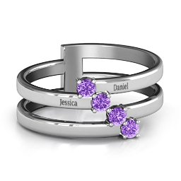 Diagonal Dazzle Ring With 4-5 Gemstones in 925 Sterling Silver with Amethyst and Ruby