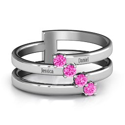 Diagonal Dazzle Ring With 4-5 Gemstones in 925 Sterling Silver with Pink Tourmaline and Ruby