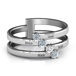 Diagonal Dazzle Ring With 4-5 Gemstones in 925 Sterling Silver with Cubic Zirconia, White Premium Zirconia, and Ruby