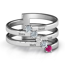 Diagonal Dazzle Ring With 4-5 Gemstones in 925 Sterling Silver with Cubic Zirconia, White Premium Zirconia, and Ruby