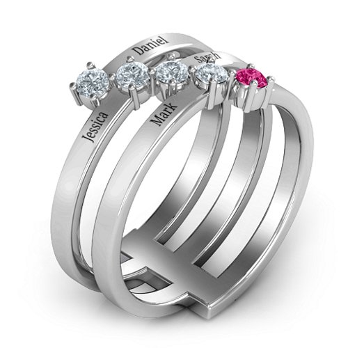 Diagonal Dazzle Ring With 4-5 Gemstones – Sterling Silver with Cubic Zirconia and Ruby