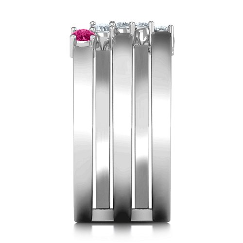 Diagonal Dazzle Ring With 4-5 Gemstones – Sterling Silver with Cubic Zirconia and Ruby