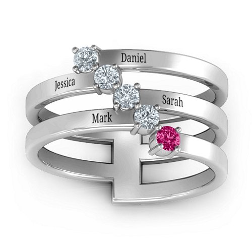 Diagonal Dazzle Ring With 4-5 Gemstones – Sterling Silver with Cubic Zirconia and Ruby