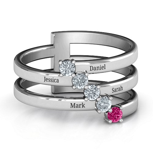 Diagonal Dazzle Ring With 4-5 Gemstones – Sterling Silver with Cubic Zirconia and Ruby