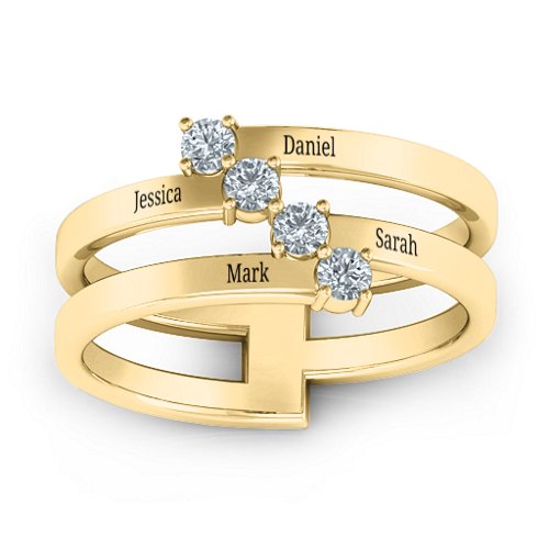 Diagonal Dazzle Ring With 4-5 Gemstones – 10K Yellow Gold with Cubic Zirconia
