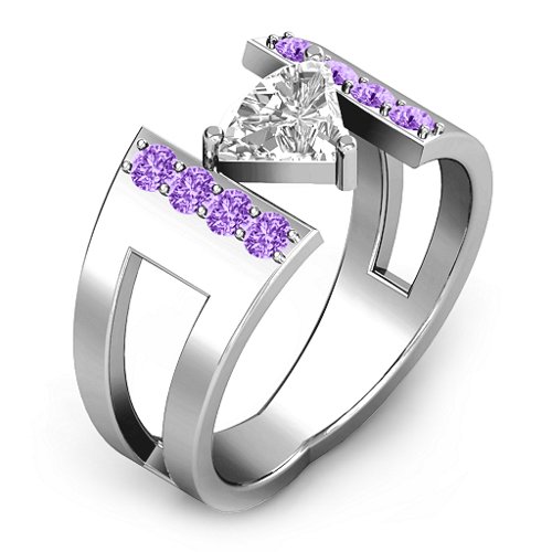 Contemporary Cutout Ring With Accents – Sterling Silver with White Premium Zirconia and Amethyst
