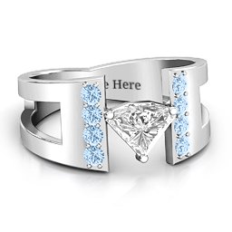 Contemporary Cutout Ring With Accents in 925 Sterling Silver with White Premium Zirconia and Aquamarine