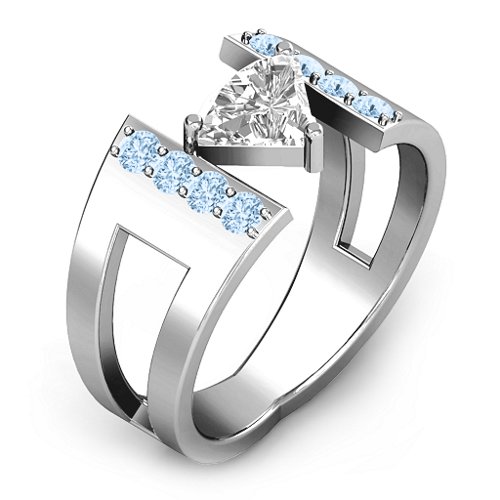 Contemporary Cutout Ring With Accents – Sterling Silver with White Premium Zirconia and Aquamarine