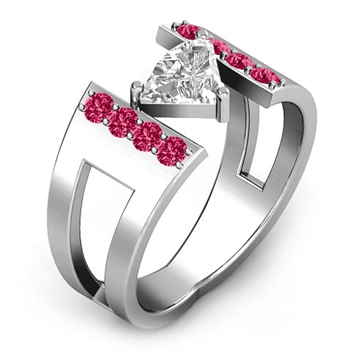 Contemporary Cutout Ring With Accents – Sterling Silver with White Premium Zirconia and Ruby