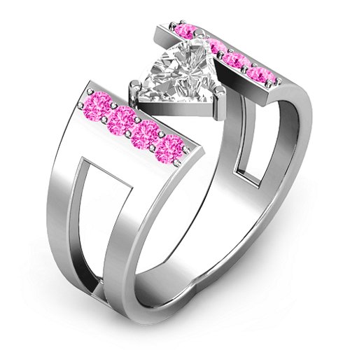 Contemporary Cutout Ring With Accents – Sterling Silver with White Premium Zirconia and Pink Tourmaline