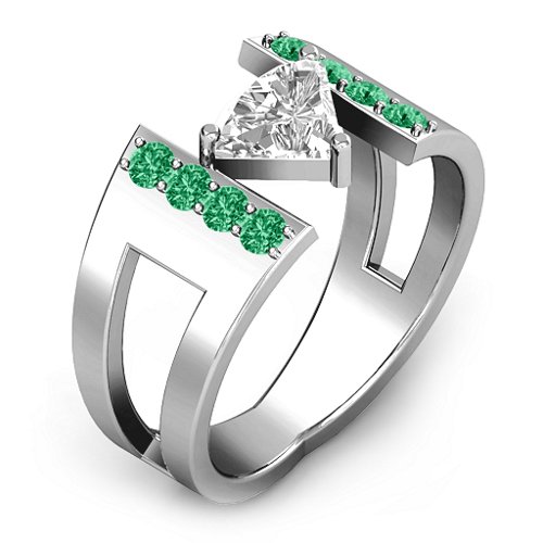 Contemporary Cutout Ring With Accents – Sterling Silver with White Premium Zirconia and Emerald