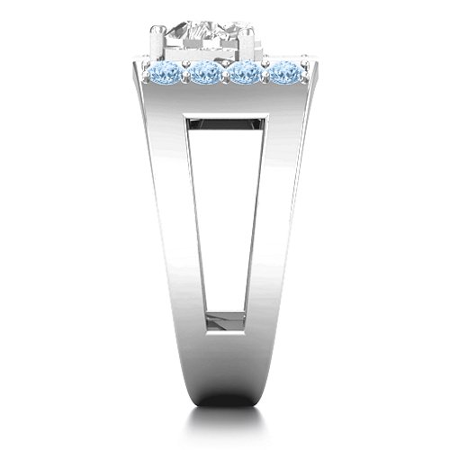 Contemporary Cutout Ring With Accents – Sterling Silver with White Premium Zirconia and Aquamarine