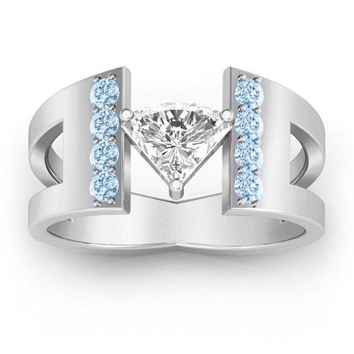 Contemporary Cutout Ring With Accents – Sterling Silver with White Premium Zirconia and Aquamarine