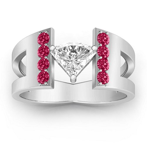 Contemporary Cutout Ring With Accents – Sterling Silver with White Premium Zirconia and Ruby