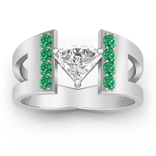 Contemporary Cutout Ring With Accents – Sterling Silver with White Premium Zirconia and Emerald