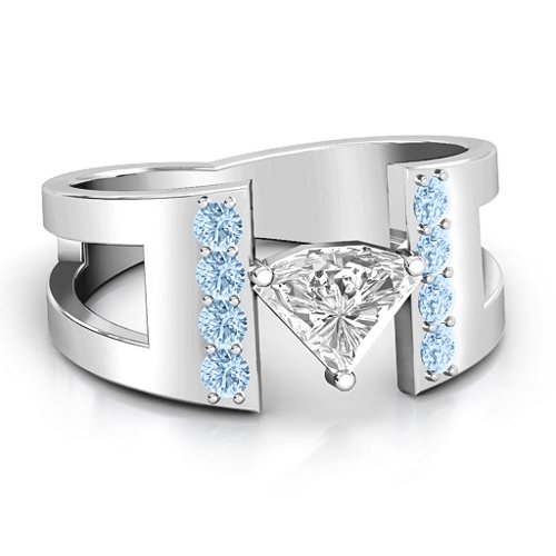 Contemporary Cutout Ring With Accents – Sterling Silver with White Premium Zirconia and Aquamarine