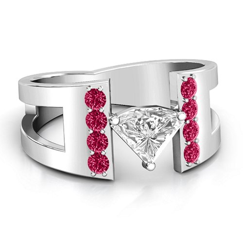 Contemporary Cutout Ring With Accents – Sterling Silver with White Premium Zirconia and Ruby