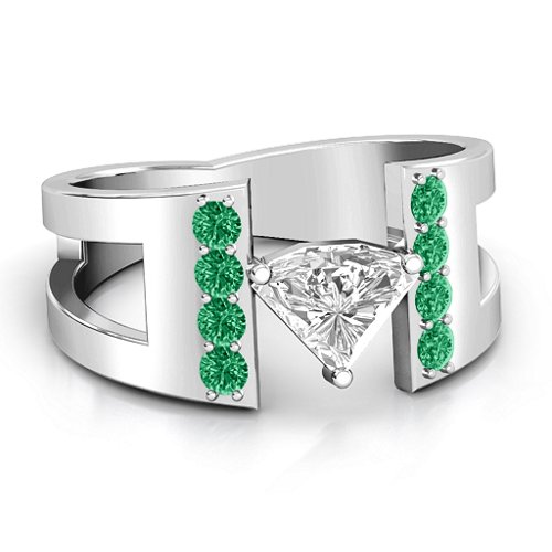 Contemporary Cutout Ring With Accents – Sterling Silver with White Premium Zirconia and Emerald