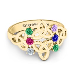 Celtic Charm Ring in 10K Solid Yellow Gold with Emerald, Ruby, Cubic Zirconia, Amethyst, and Blue Sapphire