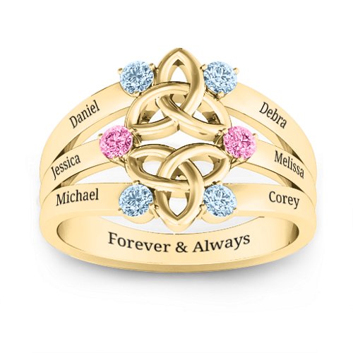 Celtic Celebration Ring – 10K Yellow Gold with Aquamarine and Pink Tourmaline