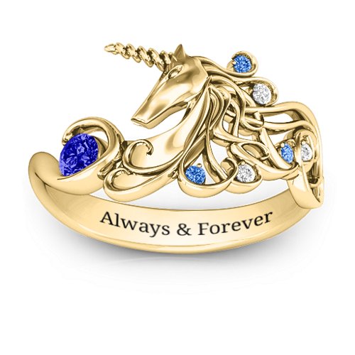 Rainbow Unicorn Ring – 10K Yellow Gold with Blue Sapphire, Fancy Blue Premium Zirconia, and White Premium Zirconia