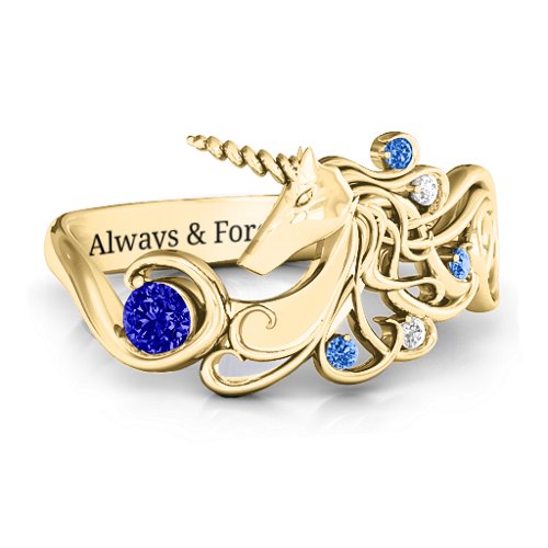 Rainbow Unicorn Ring – 10K Yellow Gold with Blue Sapphire, Fancy Blue Premium Zirconia, and White Premium Zirconia