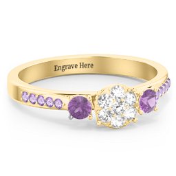 Trinity Cluster Ring with Birthstones and Accents in 18K Gold Plated Silver with White Premium Zirconia, Amethyst, and Amethyst Premium Zirconia
