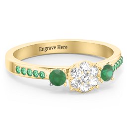 Trinity Cluster Ring with Birthstones and Accents in 18K Gold Plated Silver with White Premium Zirconia, Emerald, and Green Premium Zirconia