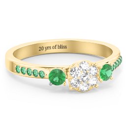 Trinity Cluster Ring with Birthstones and Accents in 18K Gold Plated Silver with White Premium Zirconia, Emerald, and Green Premium Zirconia