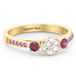 Trinity Cluster Ring with Birthstones and Accents in 18K Gold Plated Silver with White Premium Zirconia, Ruby, and Red Premium Zirconia