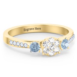 Trinity Cluster Ring with Birthstones and Accents in 18K Gold Plated Silver with White Premium Zirconia, Blue Topaz, and Fancy Blue Premium Zirconia