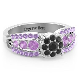 Andromeda Round Cluster Ring in 925 Sterling Silver with Black Premium Zirconia, Amethyst, and Amethyst Premium Zirconia
